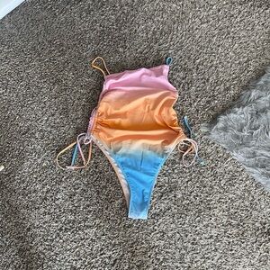 SHEIN Vibrant Ombre One Piece Drawstring Swimsuit in Pink, Orange, and Blue